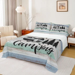 Rustikales Bauernhausstil Spannbettlaken Set Queen Size, Camper Bettwäsche, Happy Campin... - Bild 1 von 6