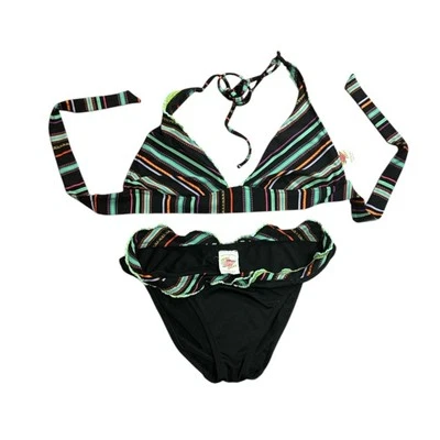 Conjunto de bikini Lucky Brand L Top S inferior halter triángulo rayas flecos traje de baño Foto 1 de 3