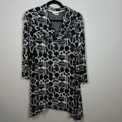 Tianello Womens Cowl Neck Black Geometric Knit Tunic Top SZ Large Asymetric Hem - Imagem 1 de 4