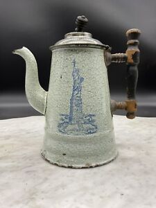 S273 Antique RARE Statue Of Liberty French Enamelware/Graniteware Coffee Pot