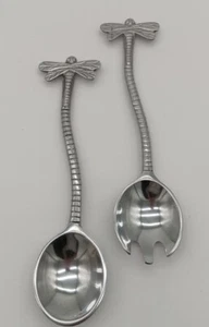 Salad Fork & Spoon Serving Set, Dragonfly Motif, Metal, Made in India, 14" Heavy - Picture 1 of 4