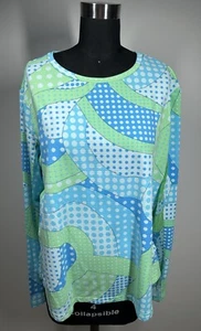 IBKUL Women's XL Long Sleeve Crew Neck Golf Tennis Top Blue/Green Print - Picture 1 of 13