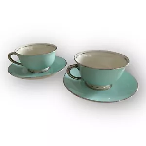 Nancy Prentiss Skyridge MCM 2 Cups and Saucers Teal & Silver - Picture 1 of 7