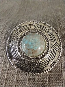 Vintage Faux Turquoise Southwestern Style Pin Round Silver Tone Brooch - Picture 1 of 5