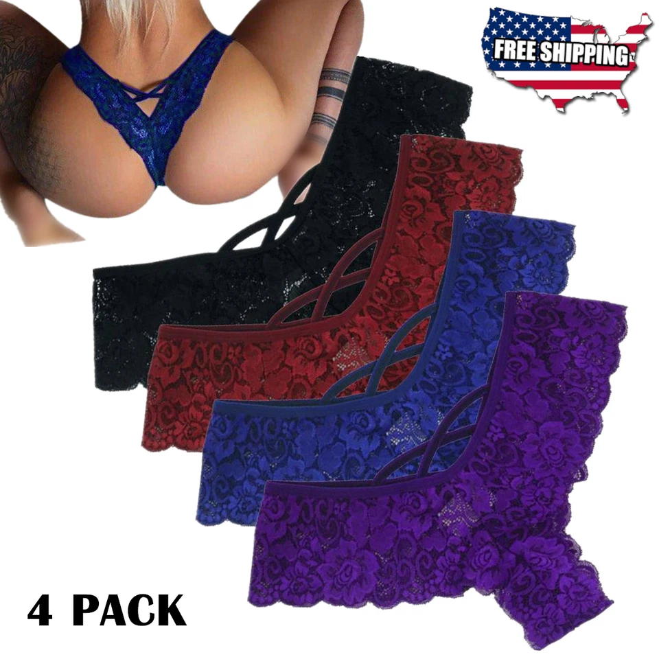 4PCS Women Underwear Sexy Lace Lingerie Panties G-String Brief Thong Plus Size - Image 1 of 4