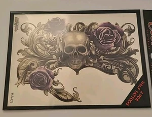 Cool Tats Temporary Tattoo 2 Pc Half Skull Surrounded By Purple Rose's - Picture 1 of 4
