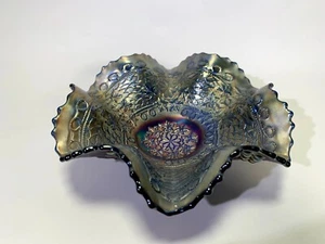 Vintage Cobalt Blue Carnival Glass Bowl Grape & Leaf Pattern Ruffled Edge - Picture 1 of 5