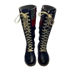 Vintage Women's Navy Red Oil Resistant Lace-Up Faux Leather Long Boots US 5.5