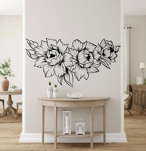 Peony Wall Decal Line Art Bouquet Floral Sticker Décor Living Room Removable - Picture 1 of 4