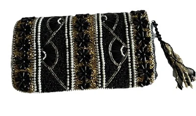 Bolso sin asas de noche con cuentas inusual dorado negro plata perlas borla Foto 1 de 4