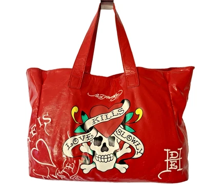 Ed Hardy Love Kills Slowly Large Tote Bag Red Y2K 2004 Vinyl 20" x 10" Retro - Image 1 of 4