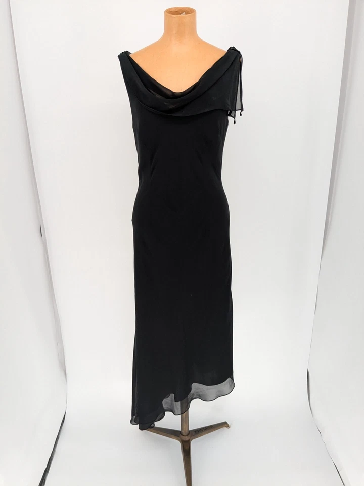 De Colección Liz Claiborne Asimétrico Negro Vestido de Noche Capucha Cuello Superposición Transparente Talla 8 Foto 1 de 4