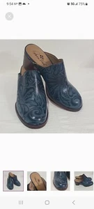 Patricia Nash Tooled Leather Mules Clogs Women's 6 Block Heel Blue Nicia Rare - Picture 1 of 13