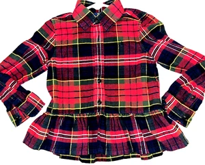 RALPH LAUREN Girls Red Plaid Button Down L/S Peplum Shirt BLOUSE 4 TODDLER - Picture 1 of 7