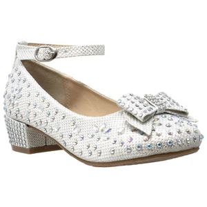SOBEYO Kid Dress Shoes Girl Glitter Rhinestone Bow Mary Jane Pumps White Glitter - Picture 1 of 8