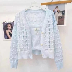 Women Knit Cropped Cardigan Button Sweater Knit Cardigan and Camisole Two-piece - Picture 1 of 10