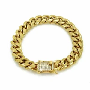 Mens Miami Cuban Link Bracelet 18k Gold Plated 12mm Thick Iced CZ Clasp ICY - Picture 1 of 10