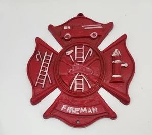 Red Fireman Plaque Maltese Firefighter Cross, cast iron 9 x 8 inch hand painted - Picture 1 of 7