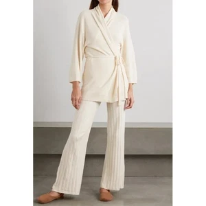 Skin Worldwide Lounge Pants Womens XS Ivory Ribbed Wide Leg Button Leg Stretch - Picture 1 of 11