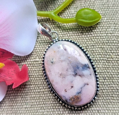 Ciondolo opale rosa naturale pietra preziosa placcata argento 925 gioielli... - Immagine 1 di 4