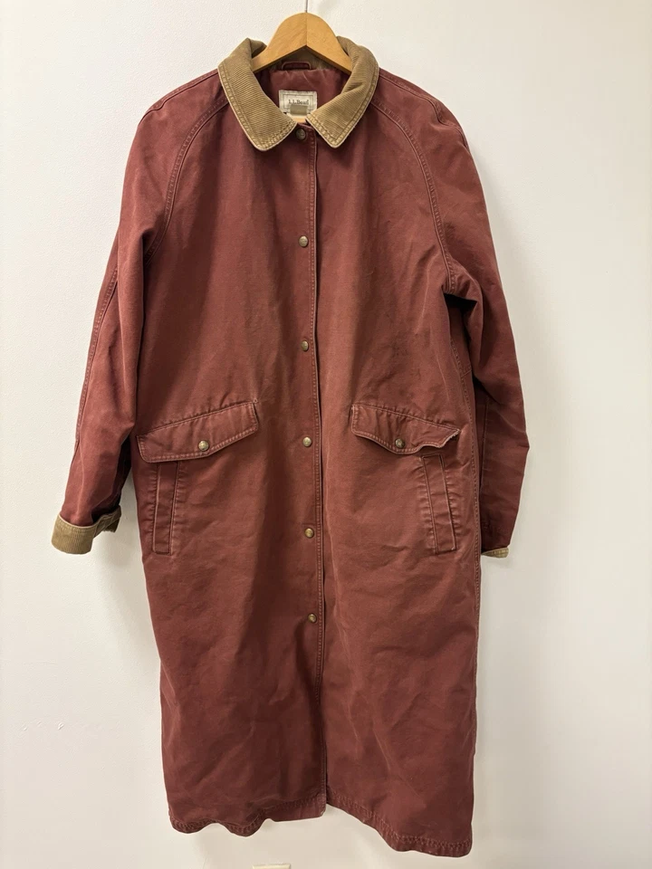 VTG L.L. Bean Womens Maroon Corduroy Collar Long Chore Coat Sz L w/Imperfections - Image 1 of 4