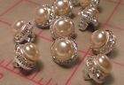 100 Small Vintage Czech Rhinestone Buttons Silver Metal Pearl 1/2" Elegant  #409