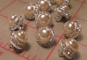 12 Small Vintage Czech Rhinestone Buttons Silver Metal Pearl 1/2" Elegant  #409 