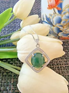 Genuine Green 5.95ct Jadeite Jade Cabochon (Type A)925 Silver Pendant with Chain - Picture 1 of 10