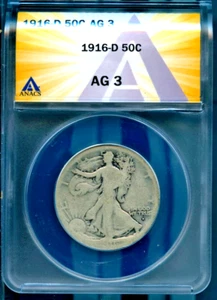 1916-D 50c Silver Walking Liberty Half-dollar AG 3 ANACS # 7830239 + Bonus - Picture 1 of 2