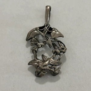 Vintage 925 Art Nouveau Hummingbird Feeding Flower Pendant - Picture 1 of 6