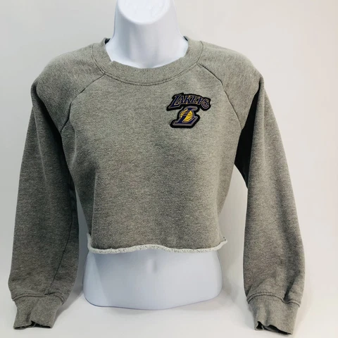Los Angeles Lakers NBA Cropped Sweatshirt Embroidered Logo Women's Medium Gray Cover