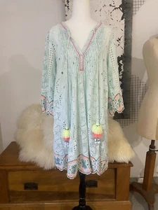 Hemant And Nandita 100% Cotton Mint Dress Coverup Pom Poms Pin Tuck Sz M - Picture 1 of 12