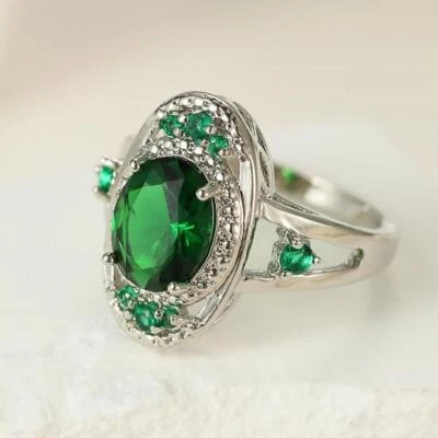 Oval Shaped Shine Green Quartz White Topaz Gemstone Silver Rings Size 6-10 - Image 1 of 4