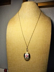 Vintage White Guilloche, Red Rose Brass Pendant Locket, 22" Brass Chain Necklace - Picture 1 of 11