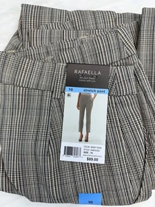 Rafaella Pants Women 10 Taupe Plaid Pull On Stretch Ankle Career Trousers Pocket - Picture 1 of 10