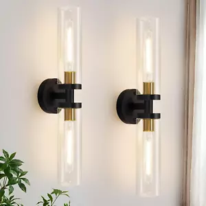 Wall Sconces Set of Two, Black and Gold Bathroom Sconces Wall Lighting with Clea - Picture 1 of 7