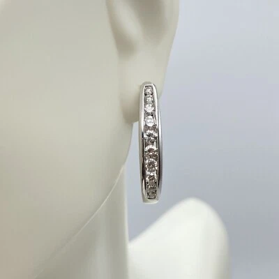 1.00 Total Carat Weight Diamond + 14K White Gold Hoop Earrings + Authentication - Image 1 of 4