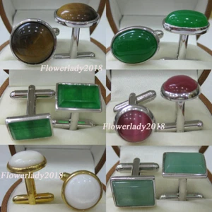 Vintage Men Shell Agate Jade Square Shirts Cufflinks Wedding Party Cuff Links - Picture 1 of 56