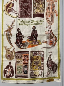 1972 AUSTRALIAN ABORIGINAL Paintings & Carvings 100% Linen Large Tea Towel - Picture 1 of 6