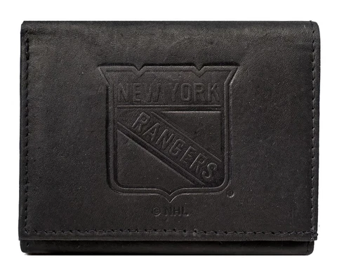 New York NY Rangers Distressed Look Embossed Logo Black Leather Trifold Wallet Cover