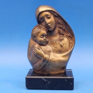 Vintage Metal Bronze Virgin Mother Mary Baby Jesus Sculpture On Black Marble - Picture 1 of 10