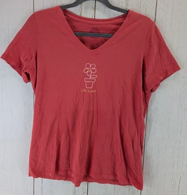 Top Life Is Good Size Mediano Rojo Flor Gráfico Cuello en V Manga Corta Foto 1 de 4