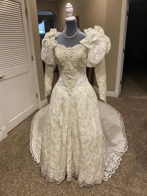 Demetrios For Elissa Stunning Sequined Lace And Pearls Vintage Wedding Dress - Image 1 of 4