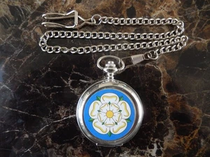 YORKSHIRE ROSE CHROME POCKET WATCH WITH CHAIN (NEW) - Picture 1 of 3