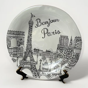 Dinner Plate Bonjour Paris 10 7/8”Black Paris Theme On White By 222 Fifth Unused - Picture 1 of 8