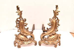 Antica coppia Chenets Andirons stile rococò francese Luigi XVI ottone massiccio acanto - Foto 1 di 14