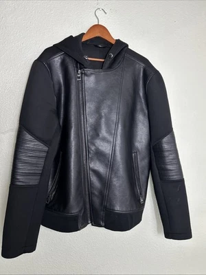 Guess faux Leather Polyester Fullzip Hooded Moto Jacket Mens XXL Black Flaw - Image 1 of 4