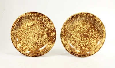 = Antiguo par de platos de cerámica amarillos con salpicaduras de esmalte Rockingham Foto 1 de 4