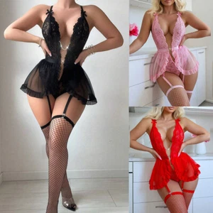 Damen Deep V Neck Bodysuit Stringbody Sexy Playsuit Erotik Unterwäsche Negligee - Bild 1 von 18