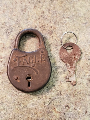 Antique Brass ? Padlock Key Lock EAGLE ~ Works Cover